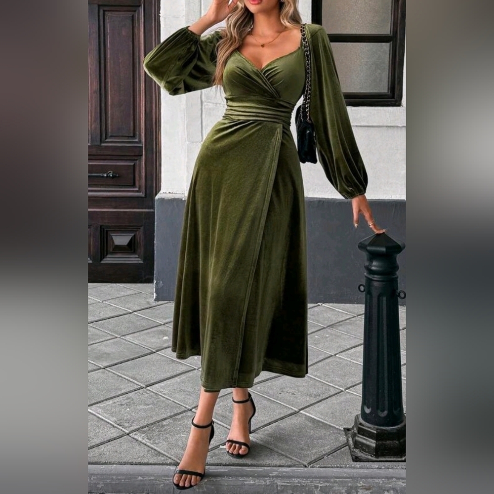 New Velvet Sweetheart Wrap Top Ruched Wrap Midi Skirt Olive Green